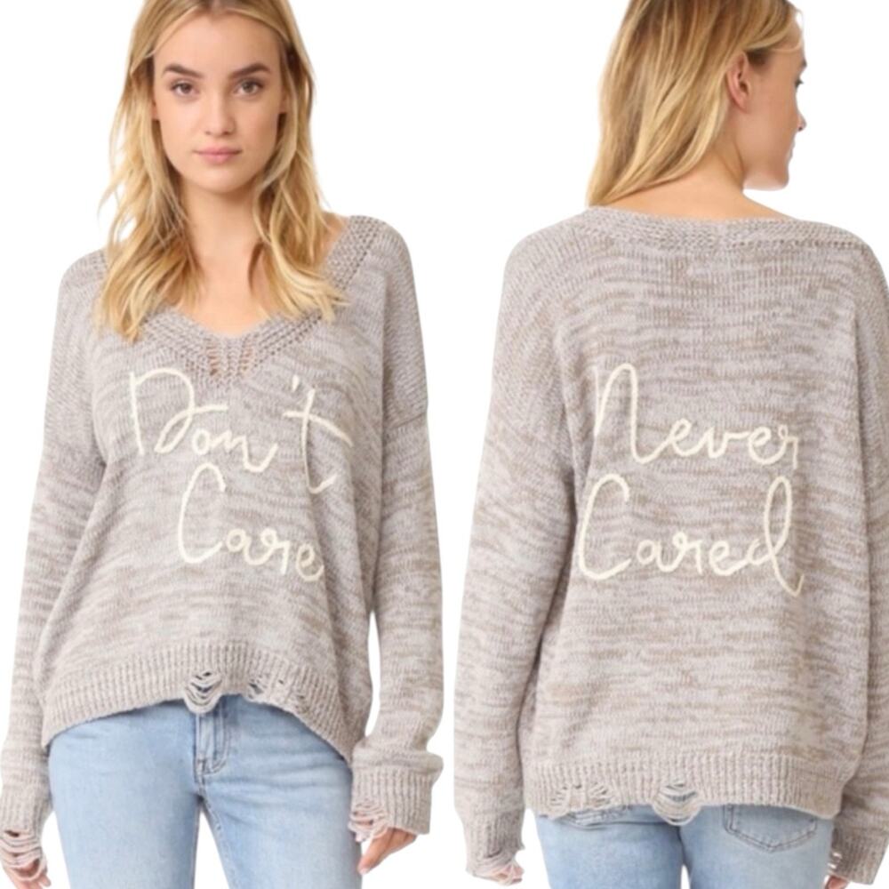 Wildfox Don’t Care Never Cared Distressed V Neck Sweater Taupe Medium